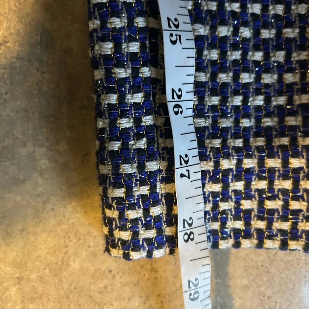 J. Crew pants - “Cafe Capri” silk/cotton blend black/white/royal blue tweed